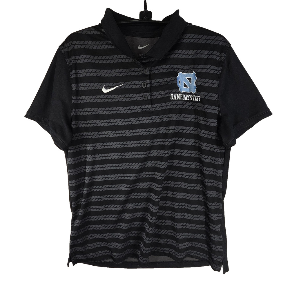 Nike UNC Staff Shirt Womens Sz Large Black Grey Striped Dri Fit Collared Sports